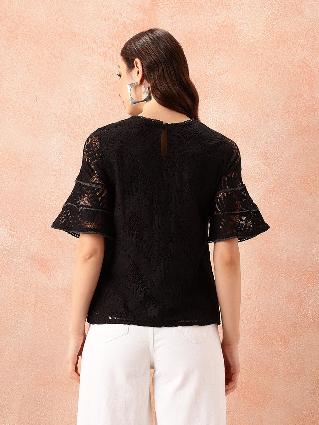 all about you Self Design Lace Up Bell Sleeve Top