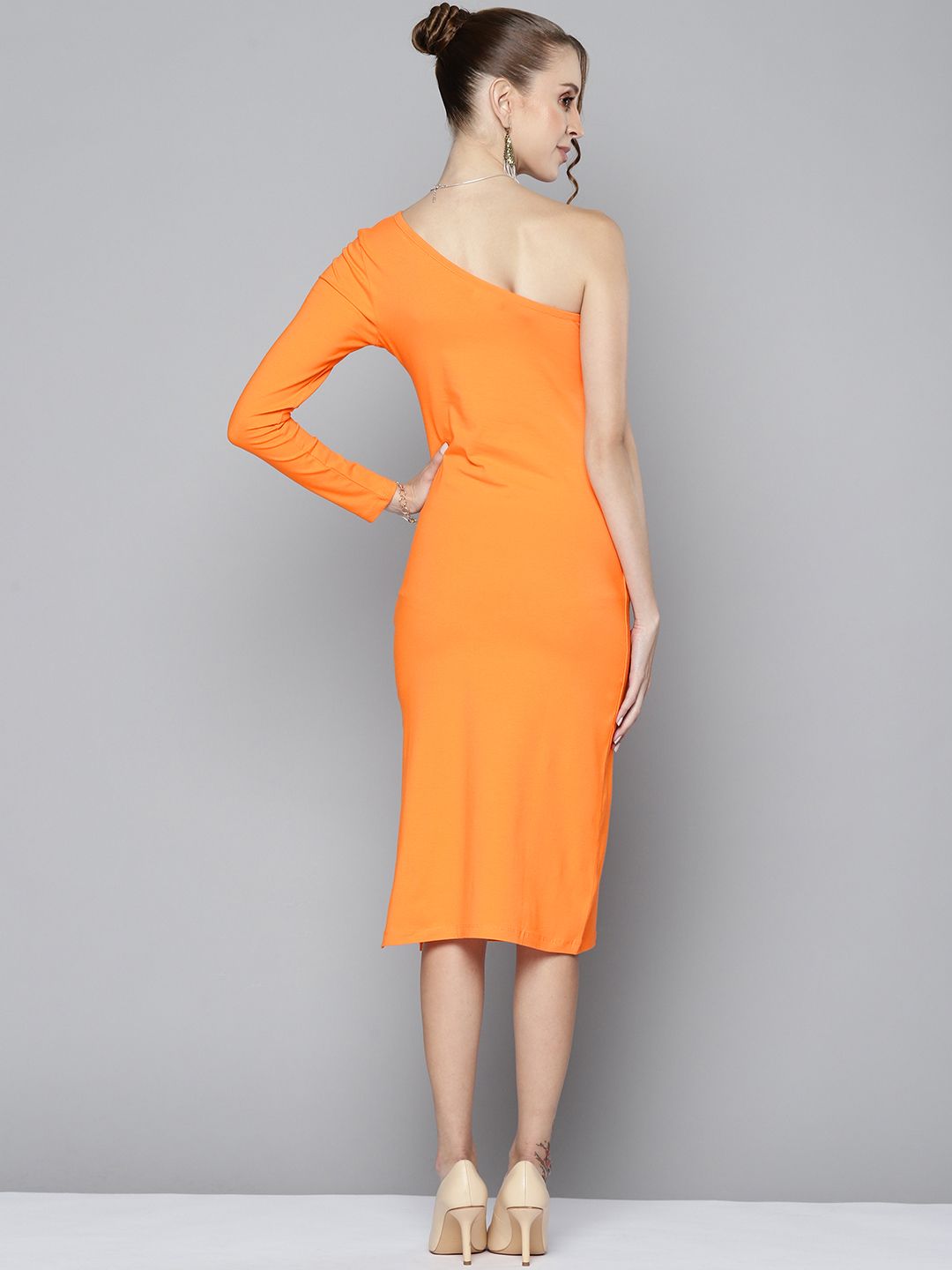 SASSAFRAS Women Orange Solid One Shoulder Sheath Midi Dress