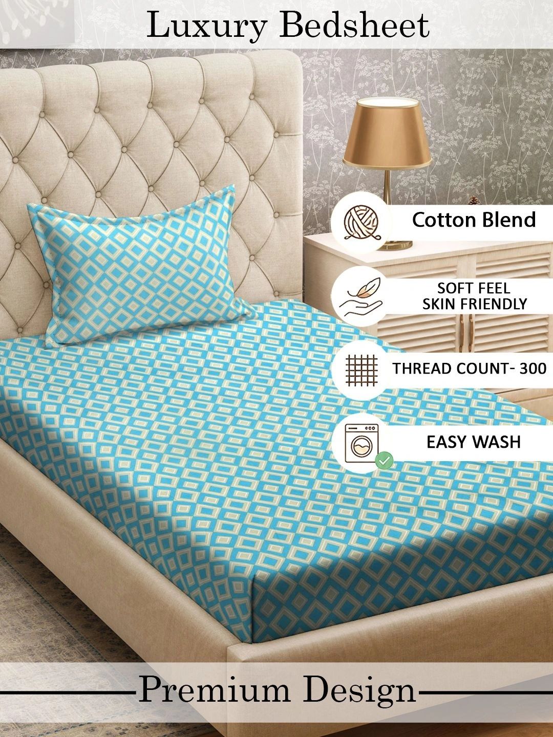Myntra Elegant Homes Turquoise Blue Geometric 300 TC Single Bedsheet with 1 Pillow Covers