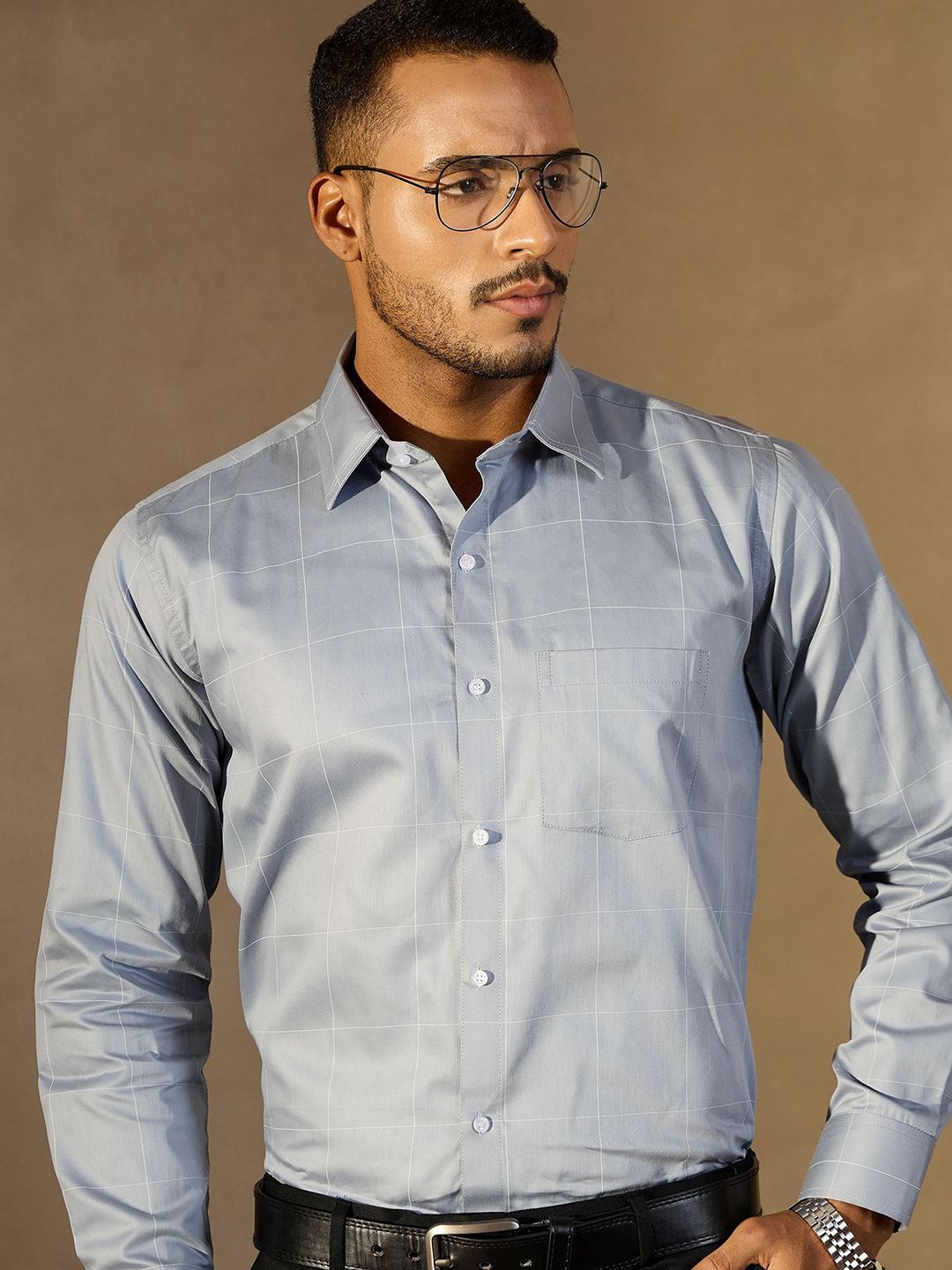 DENNISON Men Checked Spread Collar Long Slevees Cotton Formal Smart Shirt