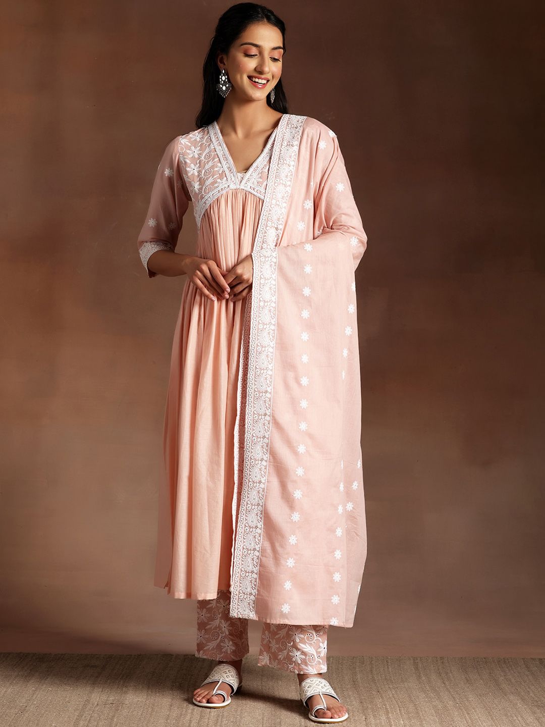 Libas Peach Ethnic Motifs Embroidered V-Neck Thread Work Pure Cotton A-Line Kurta Set