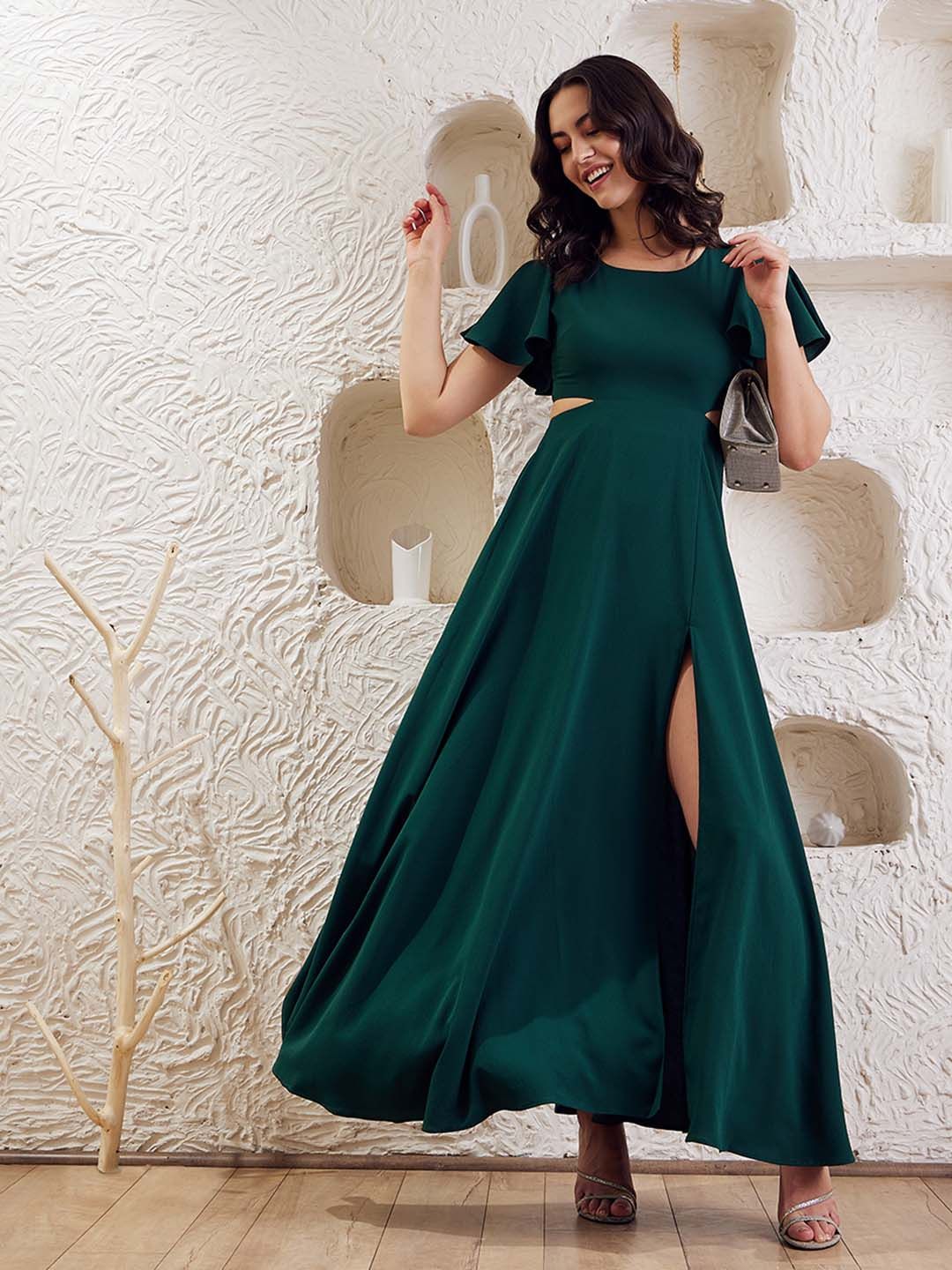 Berrylush Solid Flutter Sleeve Cut-outs & Slit Detailed Crepe Fit & Flare Maxi Dress