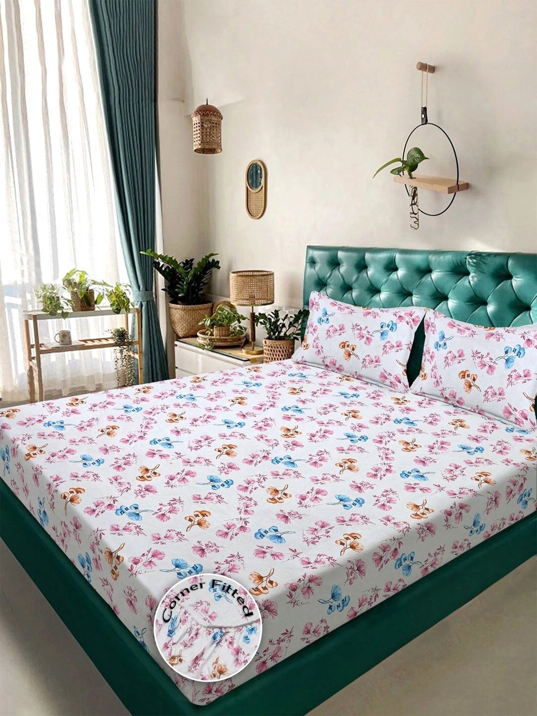 Myntra Elegant Homes White Floral 300 TC King Bedsheet with 2 Pillow Covers