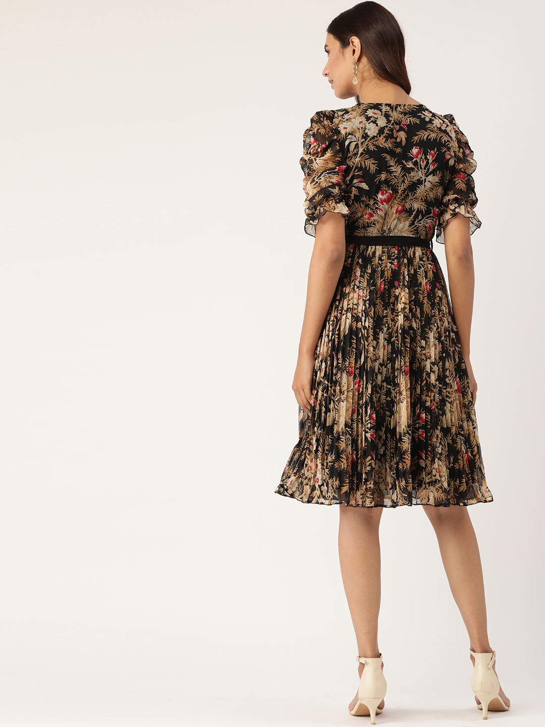 Antheaa Black & Beige Floral Printed Accordion Pleated Wrap Dress With Belt