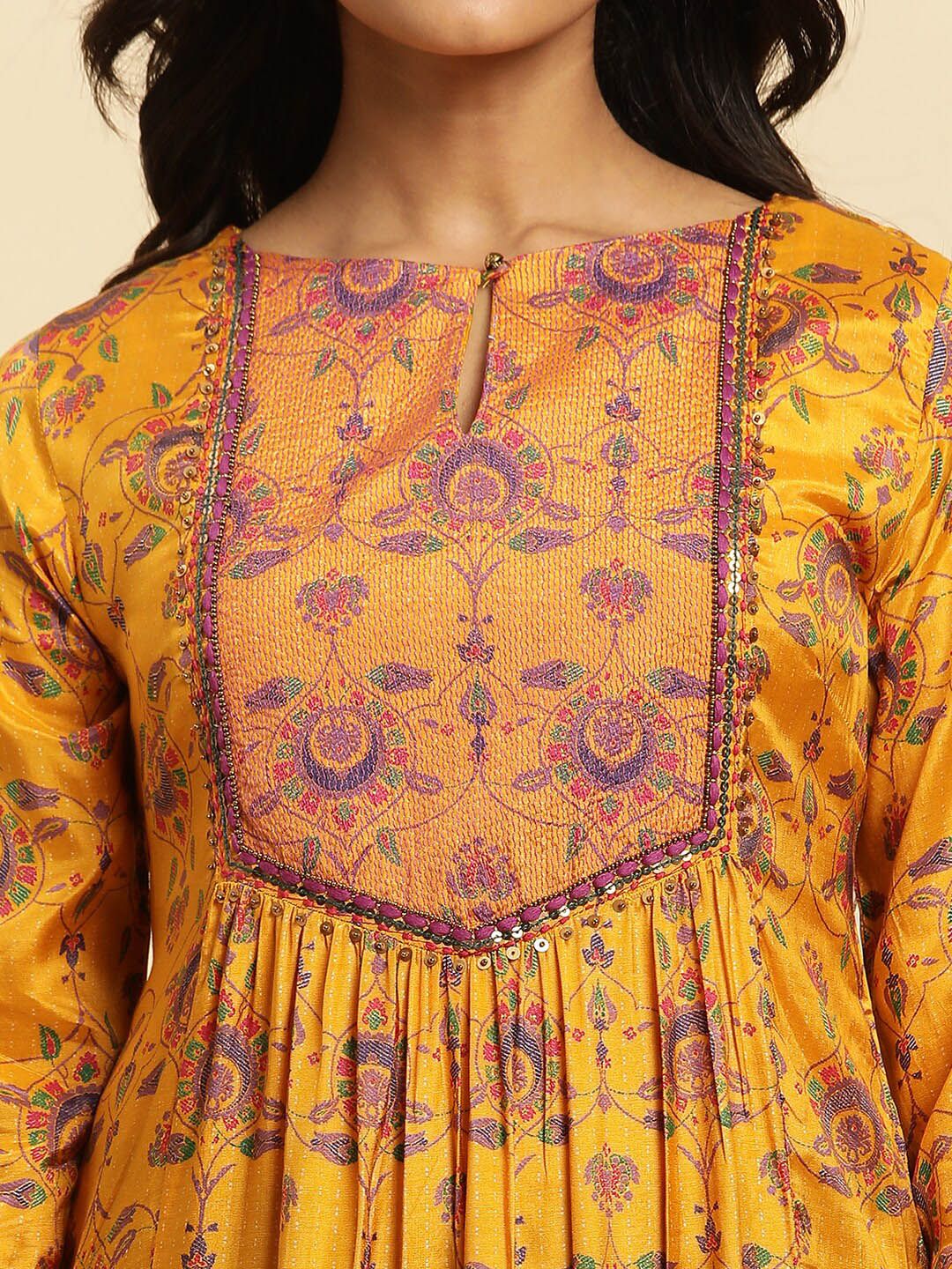 W Yellow Ethnic Motifs Printed Keyhole Neck Pleated Kurta