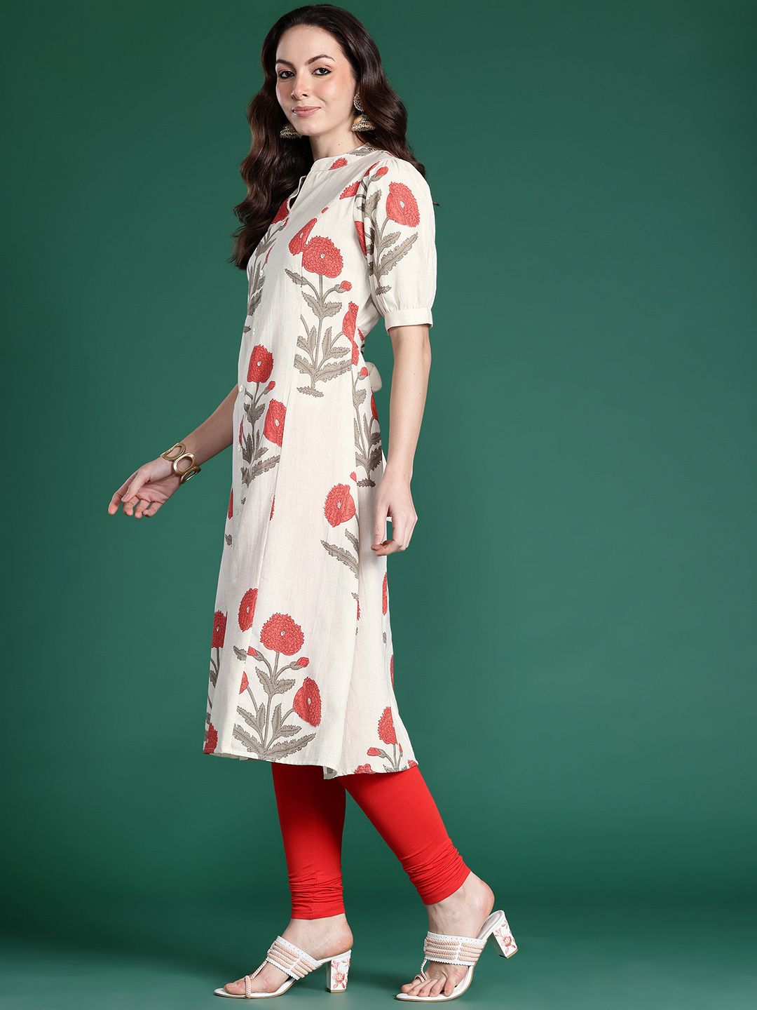 Indo Era Floral Printed Puff Sleeves Pure Cotton Kurta