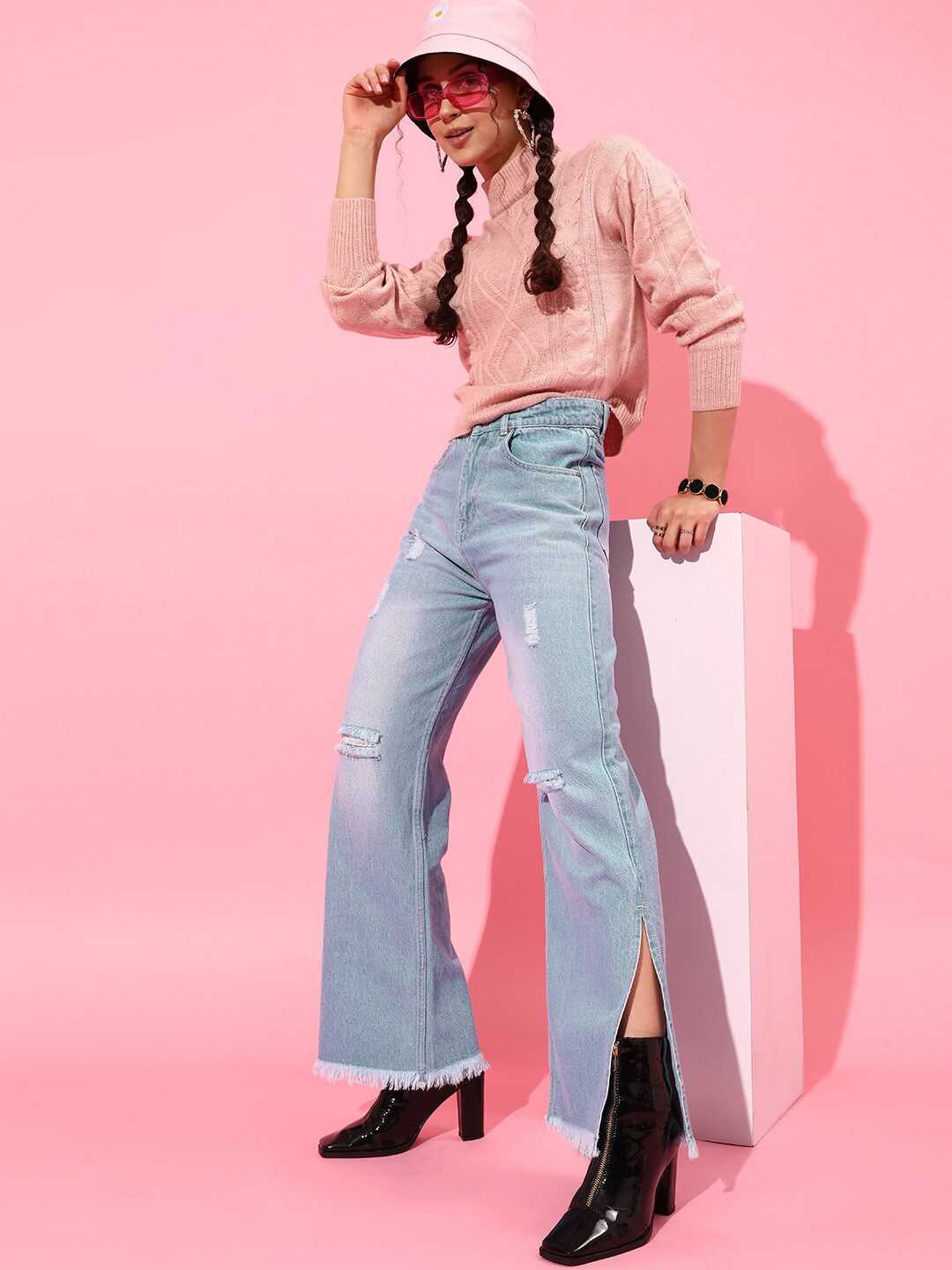 STREET 9 Women Blue Flared High-Rise Mildly Distressed Light Fade Pure Cotton Jeans