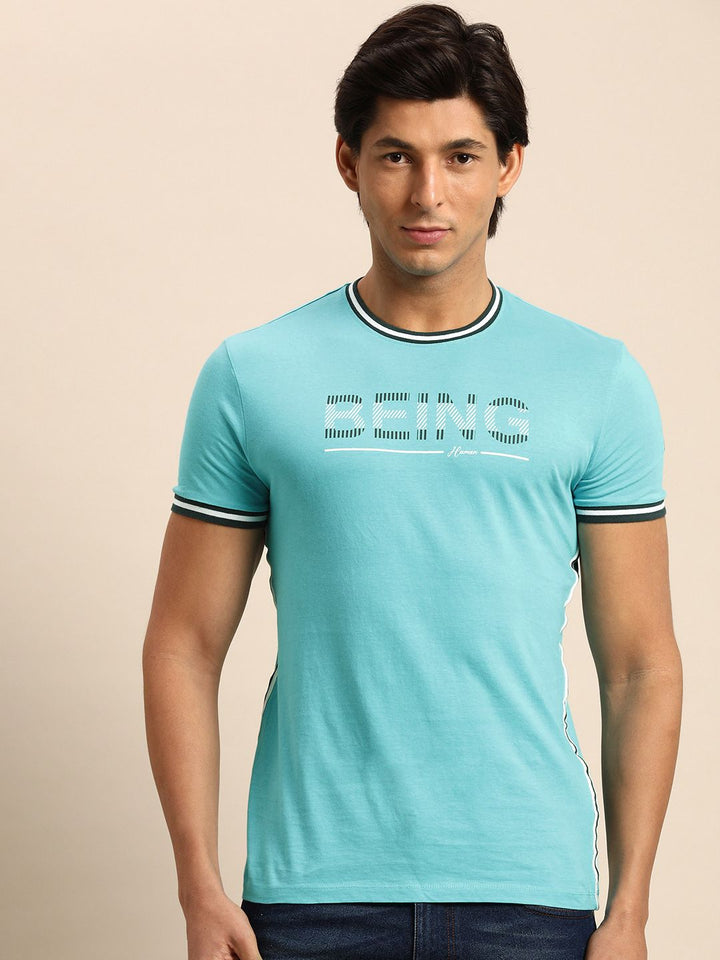 Being Human Men Blue Brand Logo Printed Pure Cotton T-shirt