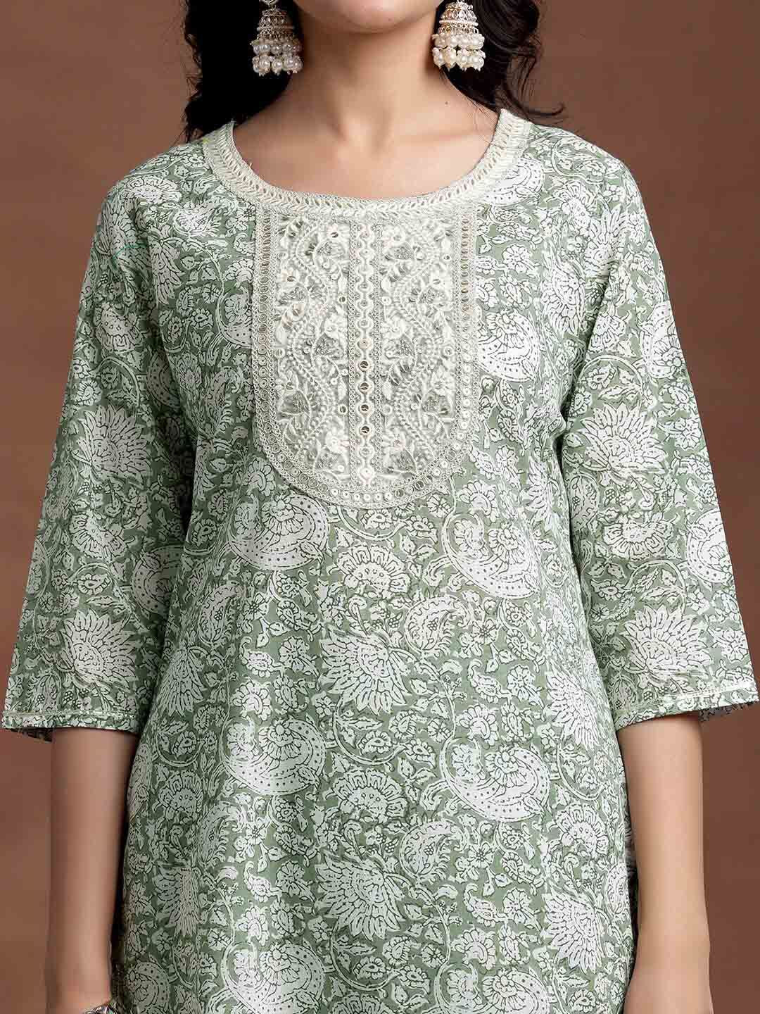 Libas Floral Printed Round Straight Pure Cotton Kurta & Sharara With Dupatta