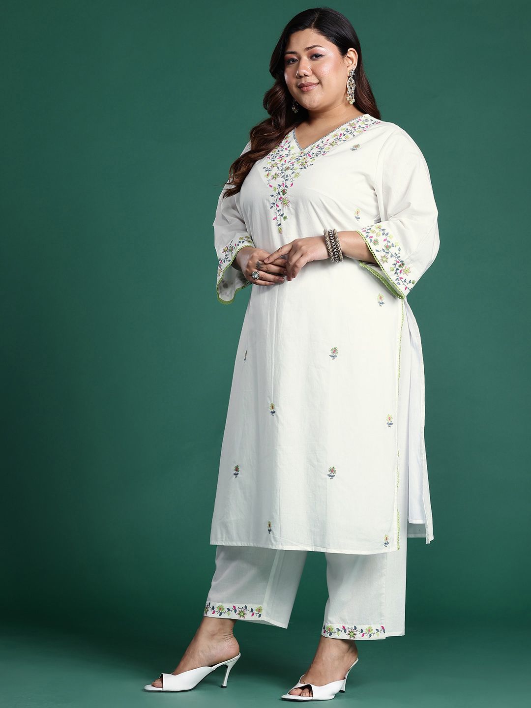 Indo Era Plus Size Floral Embroidered Thread Work Pure Cotton Kurta Set