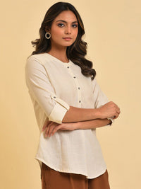 W Mandarin Collar Roll-Up Sleeves Cotton Shirt Style Top