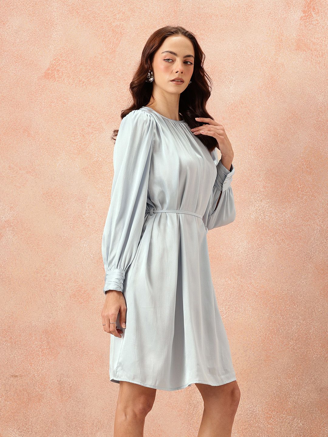 all about you Gathered Detail Bishop Sleeves Party Satin A-Line Dress with Belt