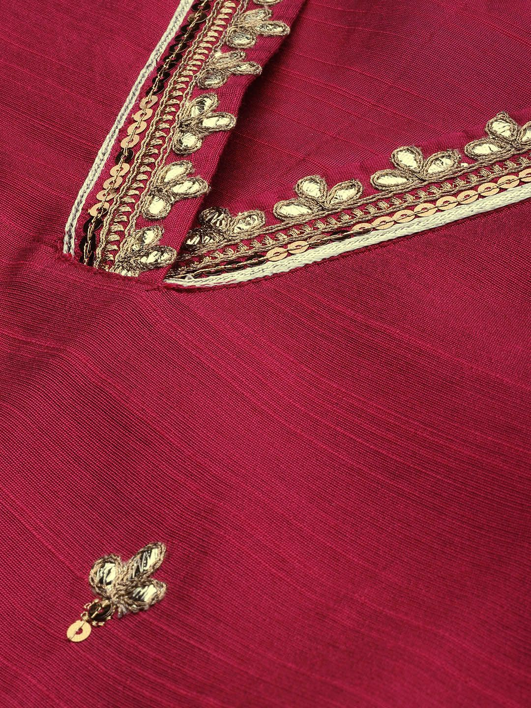 Varanga Women Magenta Pink & Gold-Coloured Embroidered Kurta with Trousers & Dupatta