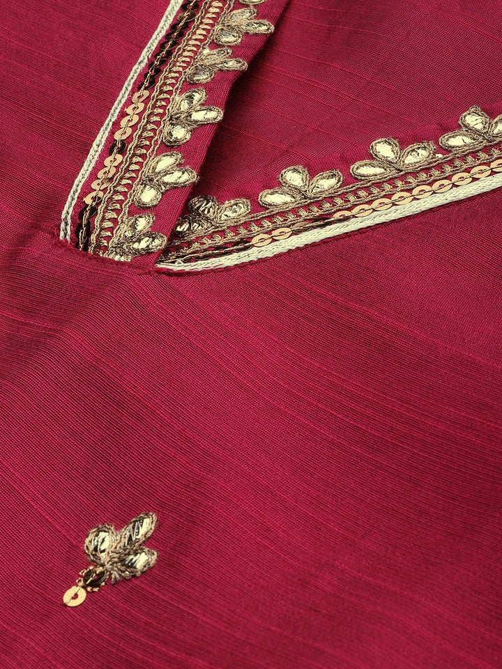 Varanga Women Magenta Pink & Gold-Coloured Embroidered Kurta with Trousers & Dupatta