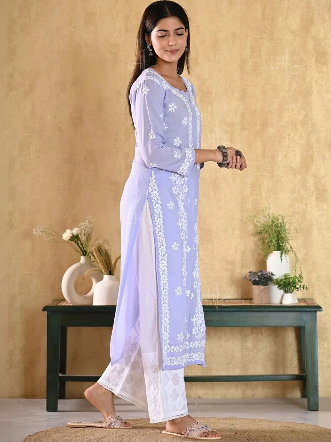 Rumah Wanita Chikankari Kurta Sulam Bunga