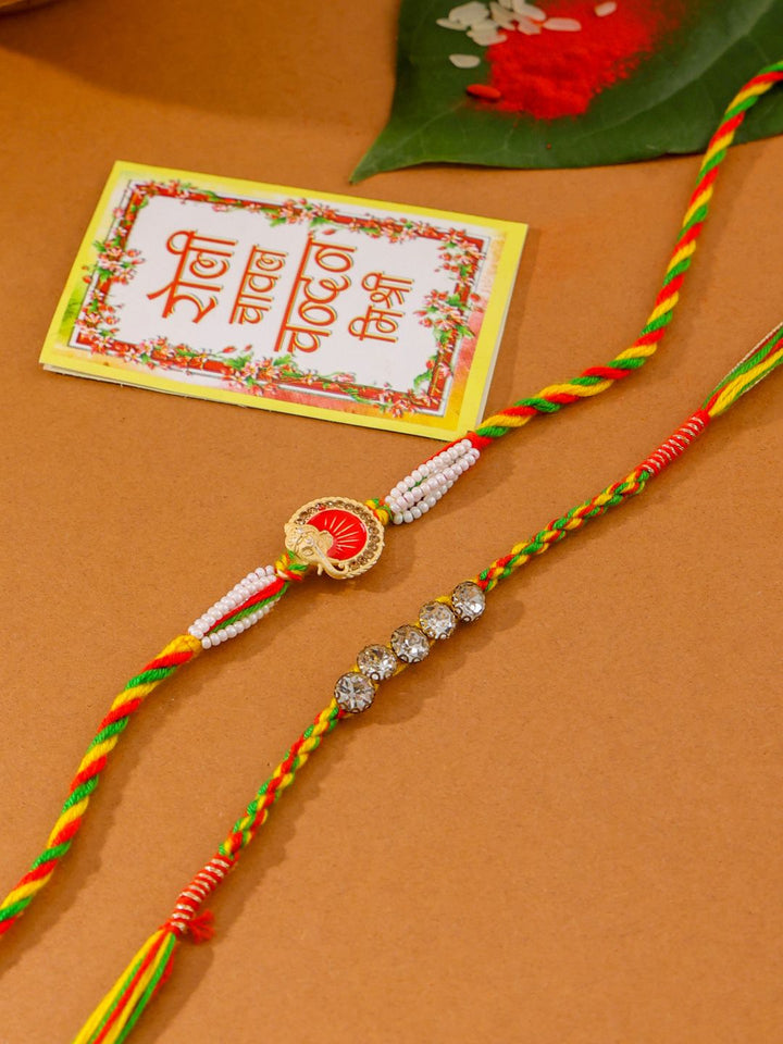 NVR Unisex Set of 2 Religious Multicolor Artificial Stones Thread Rakhi With Roli Chawal
