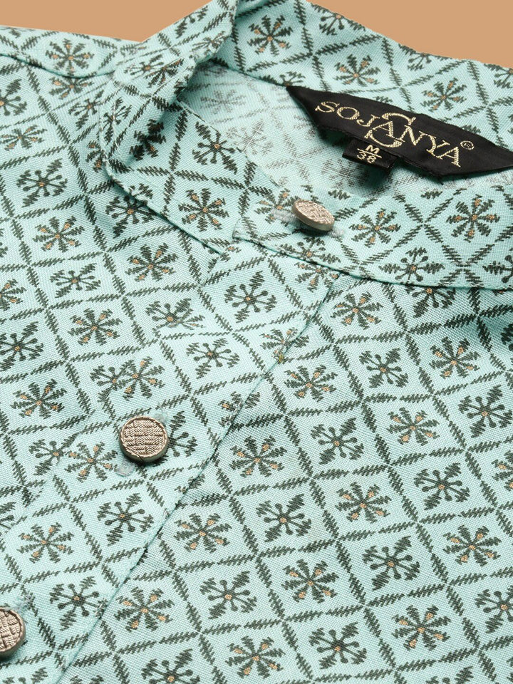 SOJANYA Motif Etnik Hijau Laut Bercetak Kurta Biasa Dengan Churidar