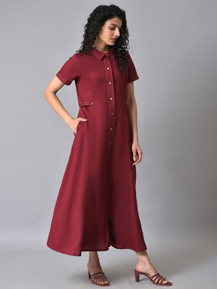 W Flared Hem Pure Cotton Shirt Maxi Dress