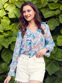 STREET 9 Blue Floral Printed Bell Sleeve Ruffles Top
