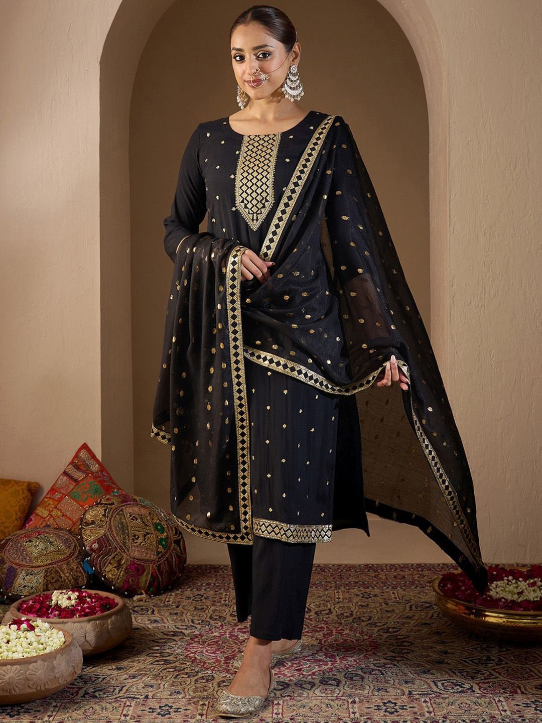 Indo Era Women Ethnic Motifs Embroidered Regular Sequinned Kurta with Trousers & With Dupatta