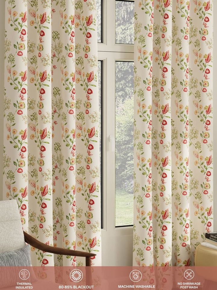 URBAN SPACE Pack of 2 White & Red Floral Printed Room Darkening Long Door Curtain