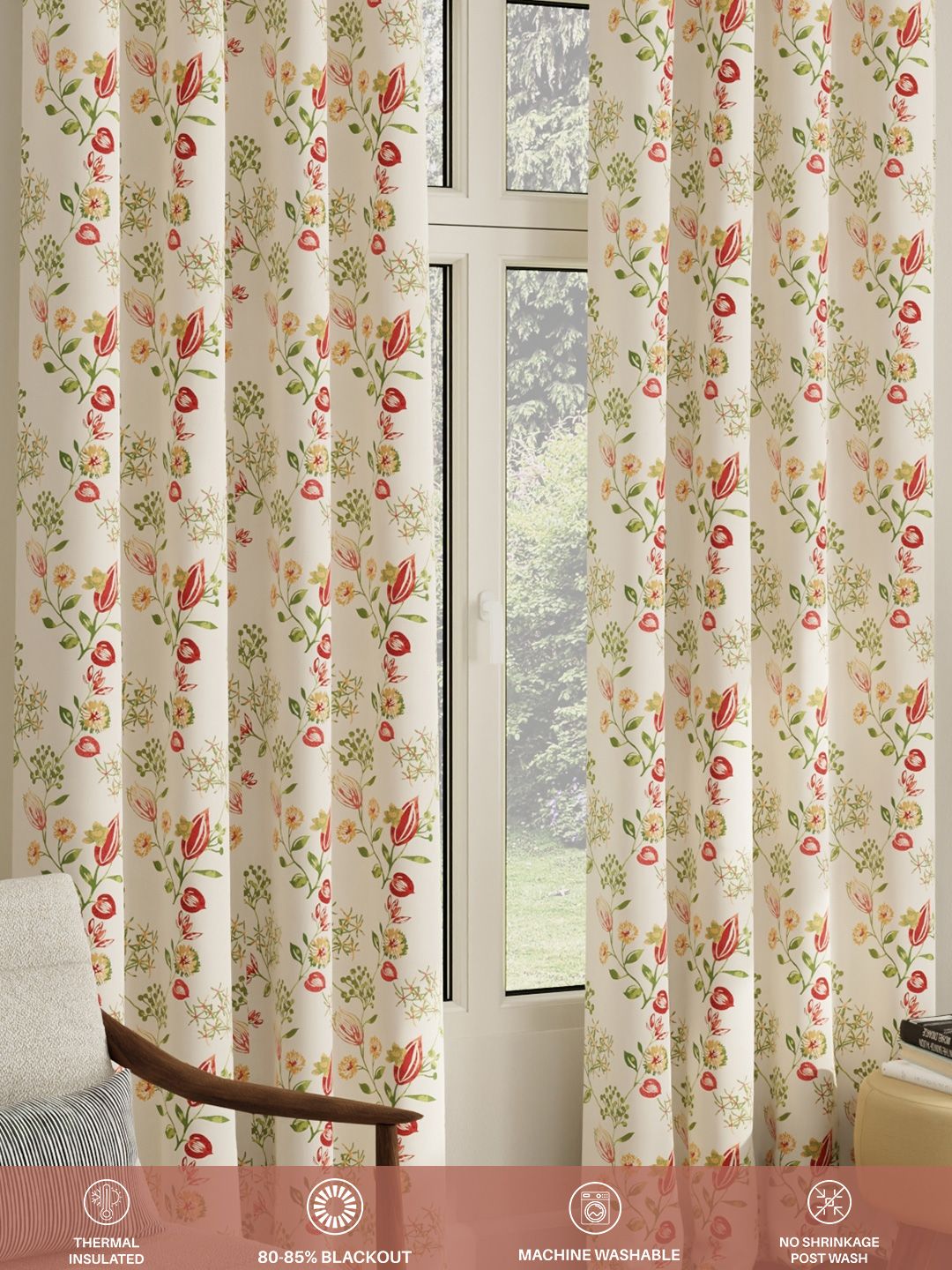 URBAN SPACE Pack of 2 White & Red Floral Printed Room Darkening Long Door Curtain