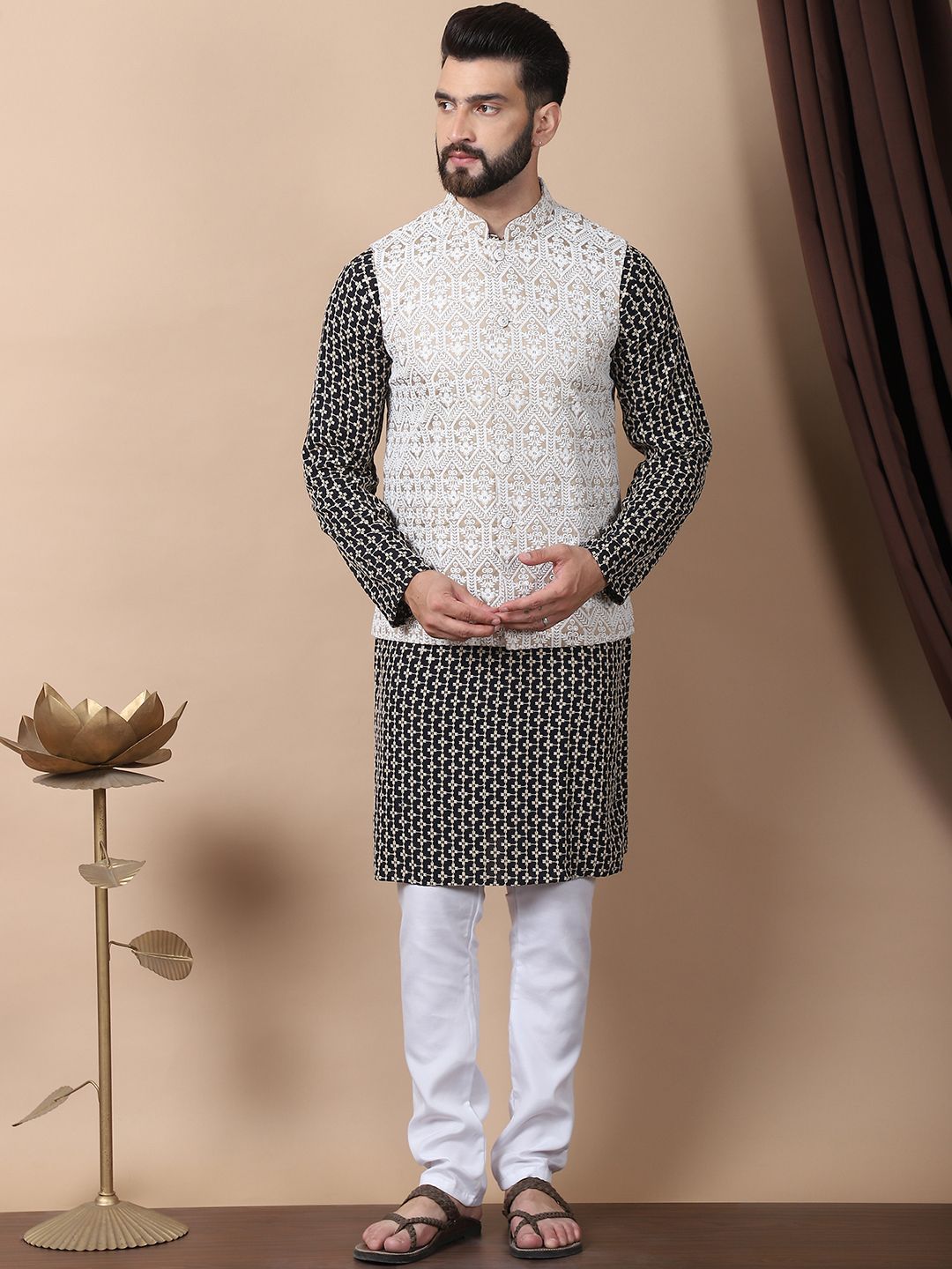 Anouk Black Floral Embroidered Thread Work Pure Cotton Kurta with Churidar & Nehru Jacket