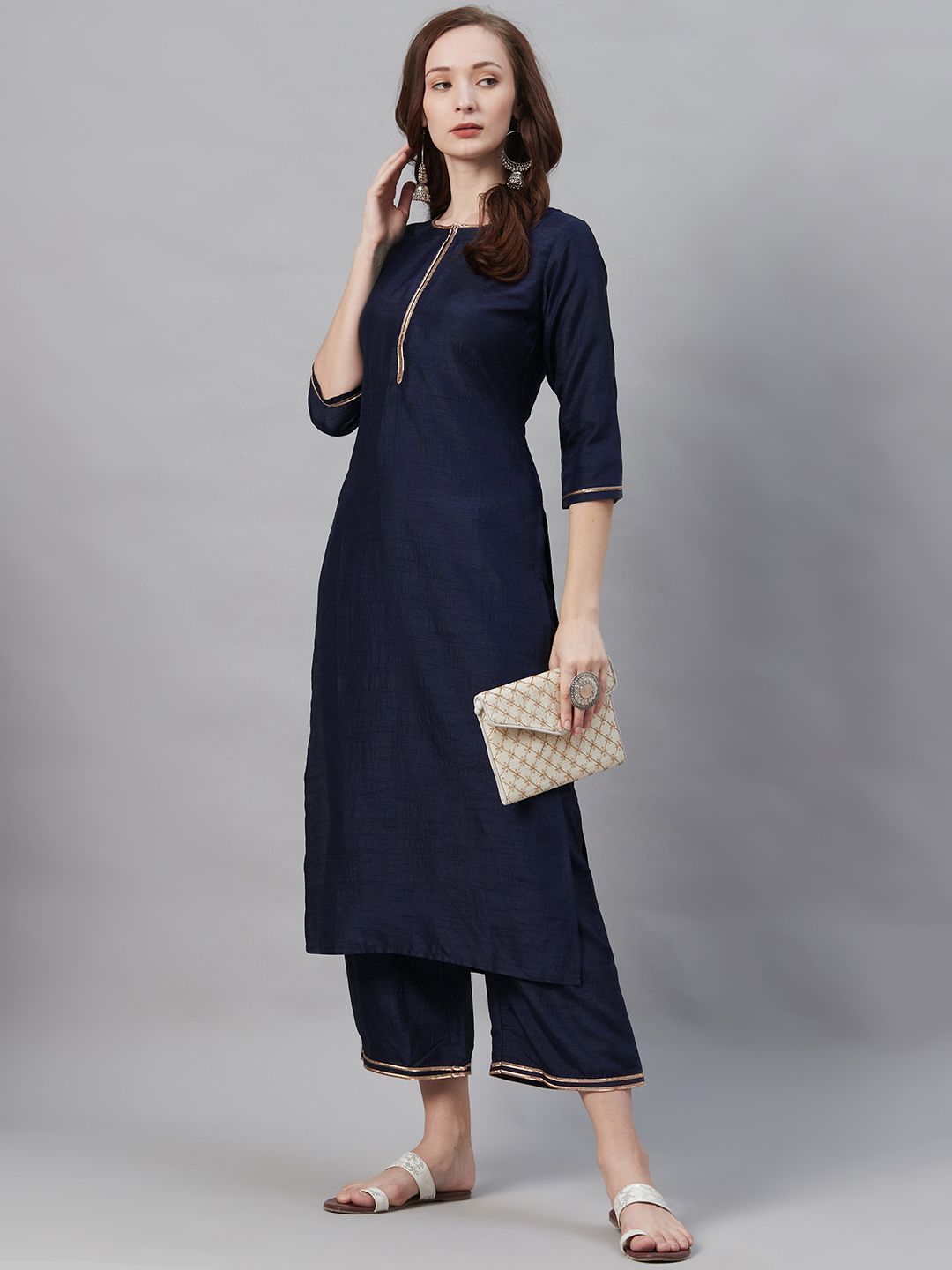 Indo Era Women Navy Blue Solid Kurta with Palazzos