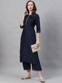 Indo Era Women Navy Blue Solid Kurta with Palazzos