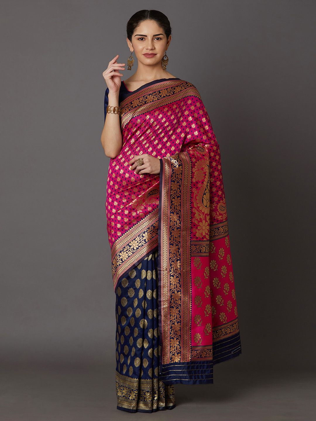 Mitera Pink & Navy Blue Silk Blend Woven Design Kanjeevaram Saree