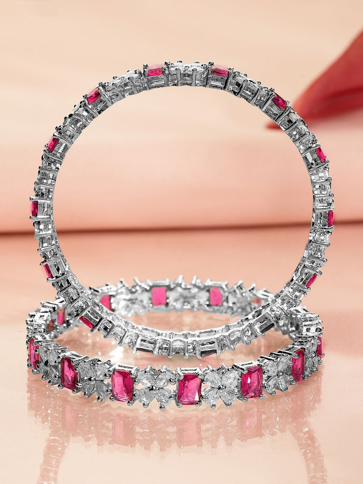Rubans Set of 2 Rhodium-Plated Ruby Pink & White Cubic Zirconia Studded Bangles