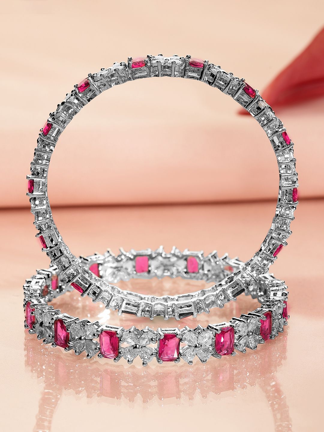 Rubans Set of 2 Rhodium-Plated Ruby Pink & White Cubic Zirconia Studded Bangles
