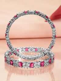 Rubans Set of 2 Rhodium-Plated Ruby Pink & White Cubic Zirconia Studded Bangles