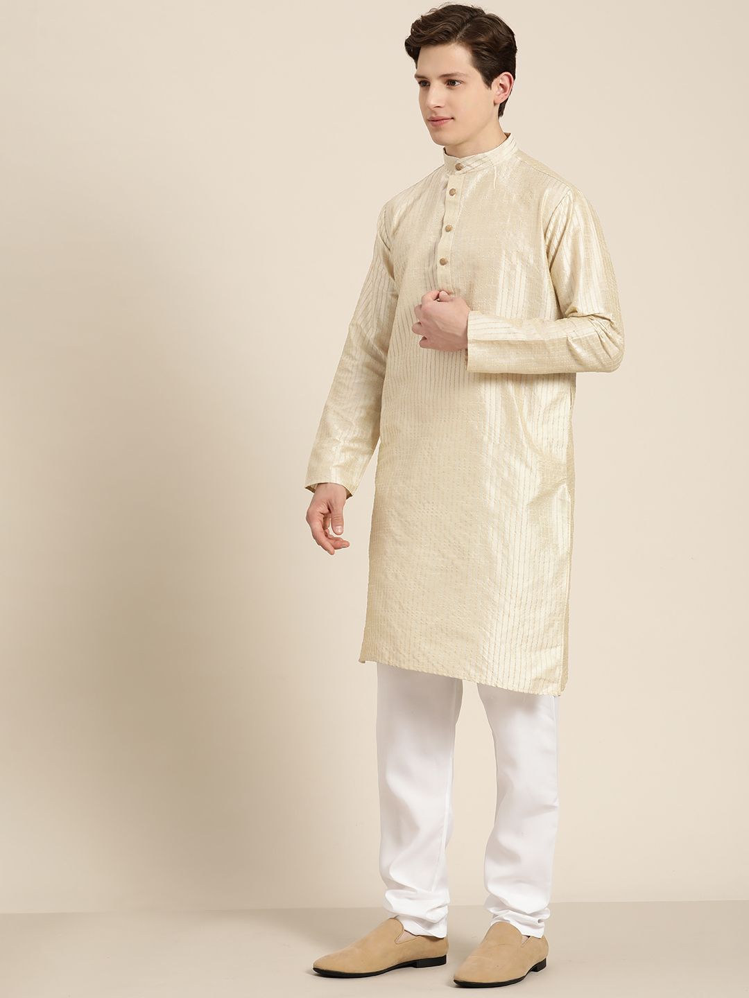 SOJANYA Men Cream-Coloured Striped Thread Work Straight Kurta Churidar with Nehru Jacket
