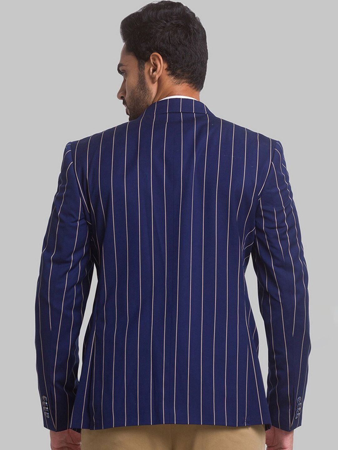 Park Avenue Men Blue Striped Single Breasted Formal Blazer