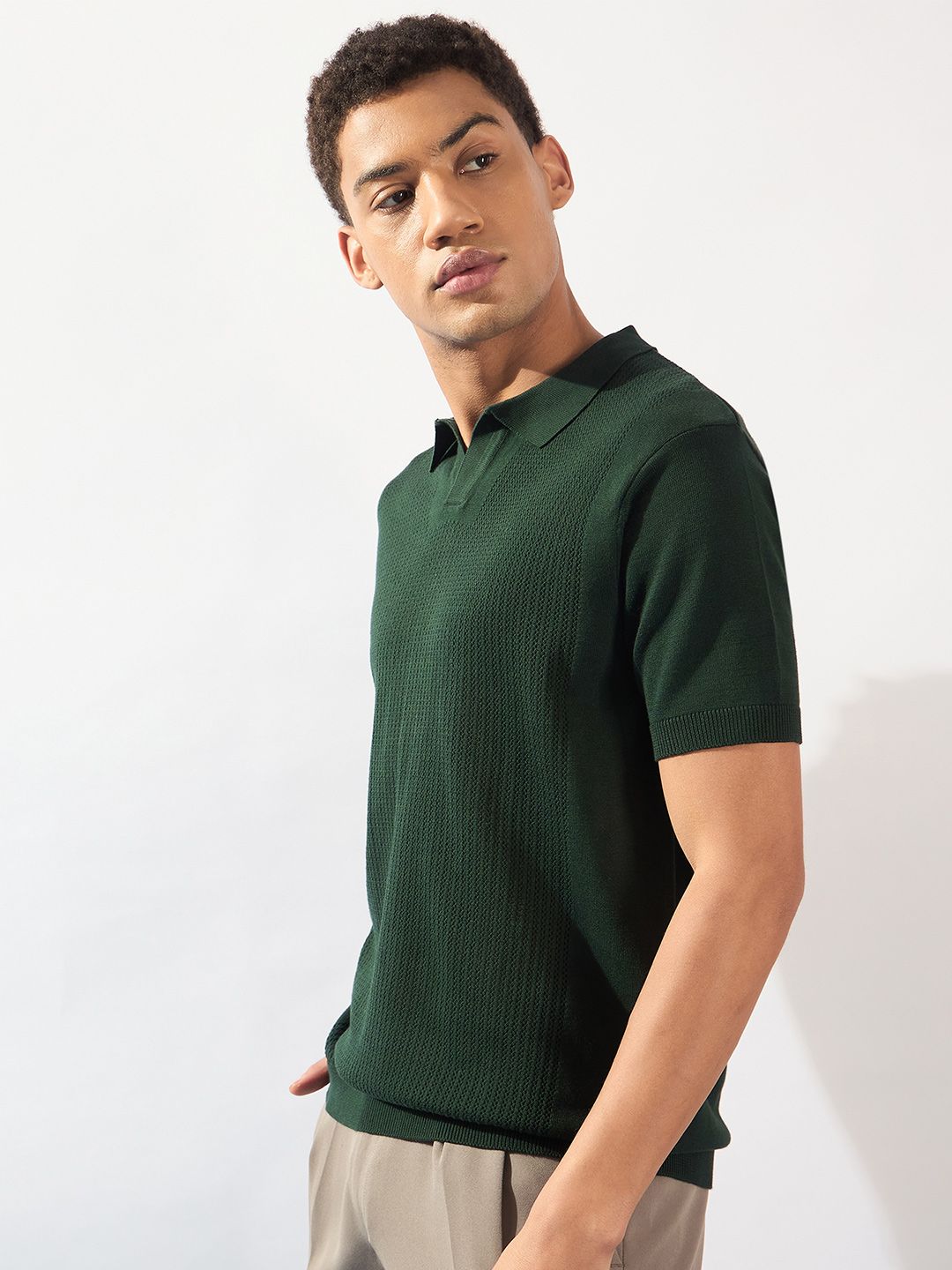 DENNISON Men Textured Polo Collar Knitted T-Shirt
