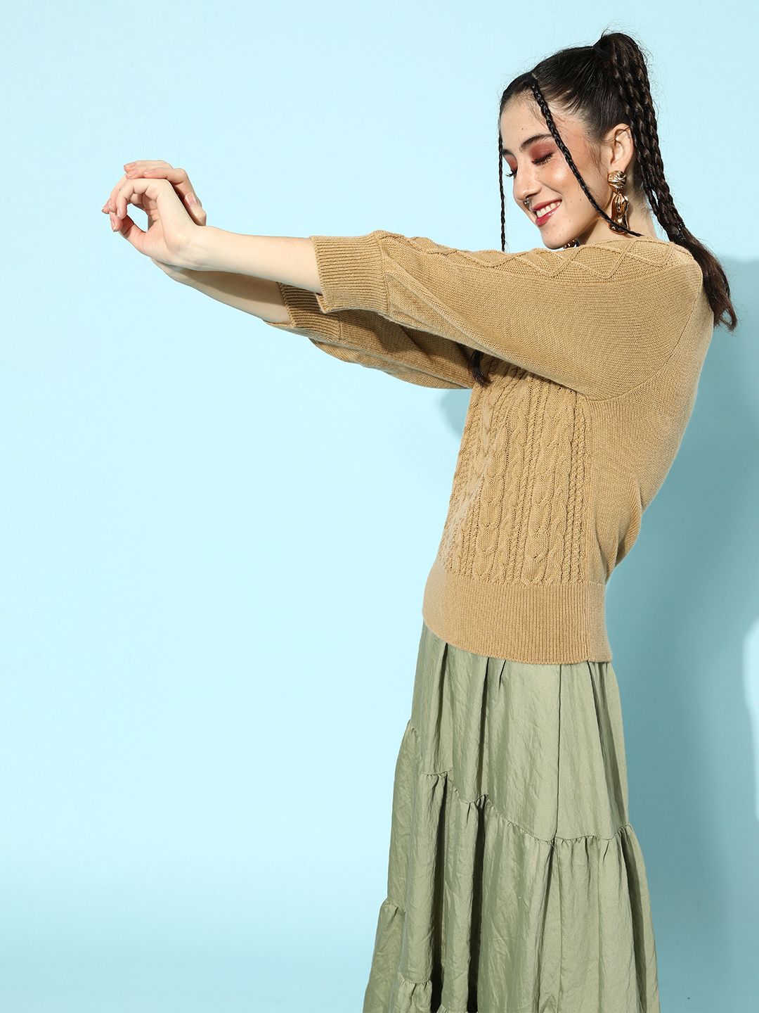 STREET 9 Women Khaki-Coloured Cable Knit Acrylic Pullover