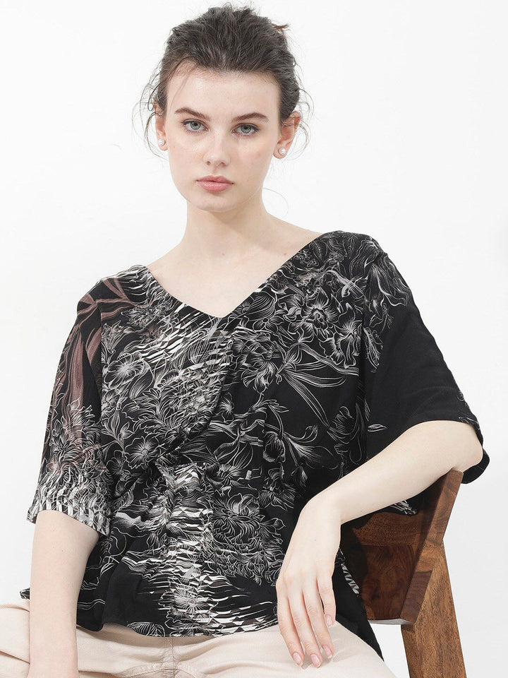 RAREISM Printed Kimono Sleeve V-Neck Cinched Waist Top