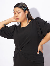 SASSAFRAS Curve Plus Size Black Twisted Knot Puff Sleeves Sheath Midi Dress