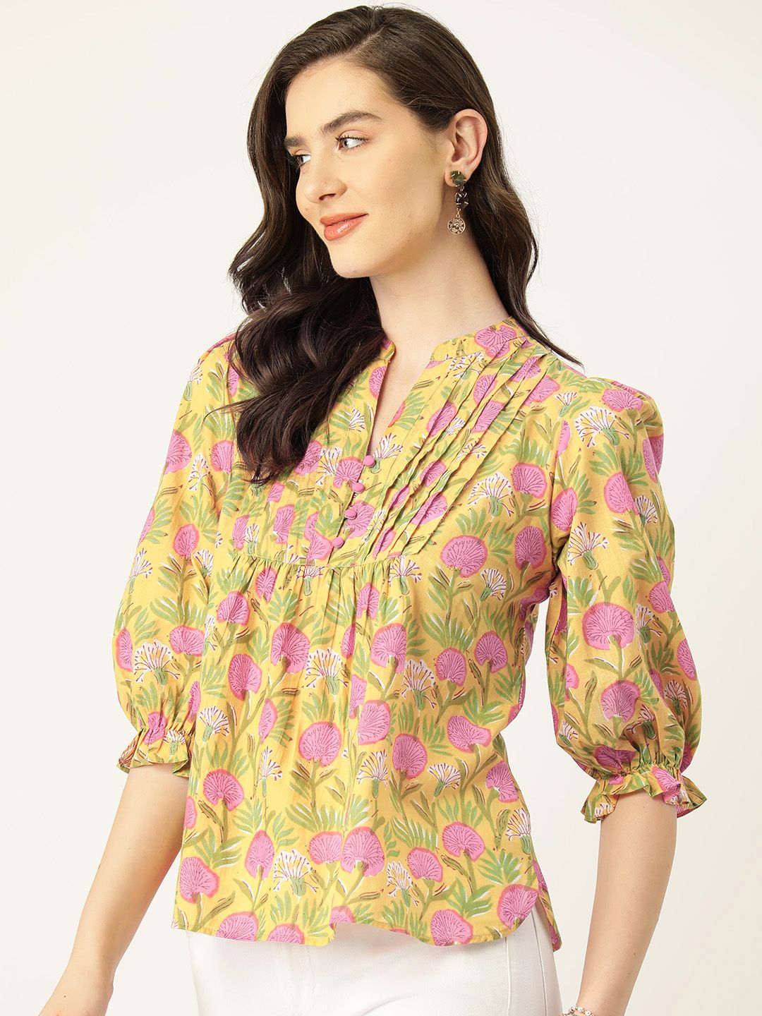 Antheaa Floral Print Mandarin Collar Puff Sleeve Cotton Top