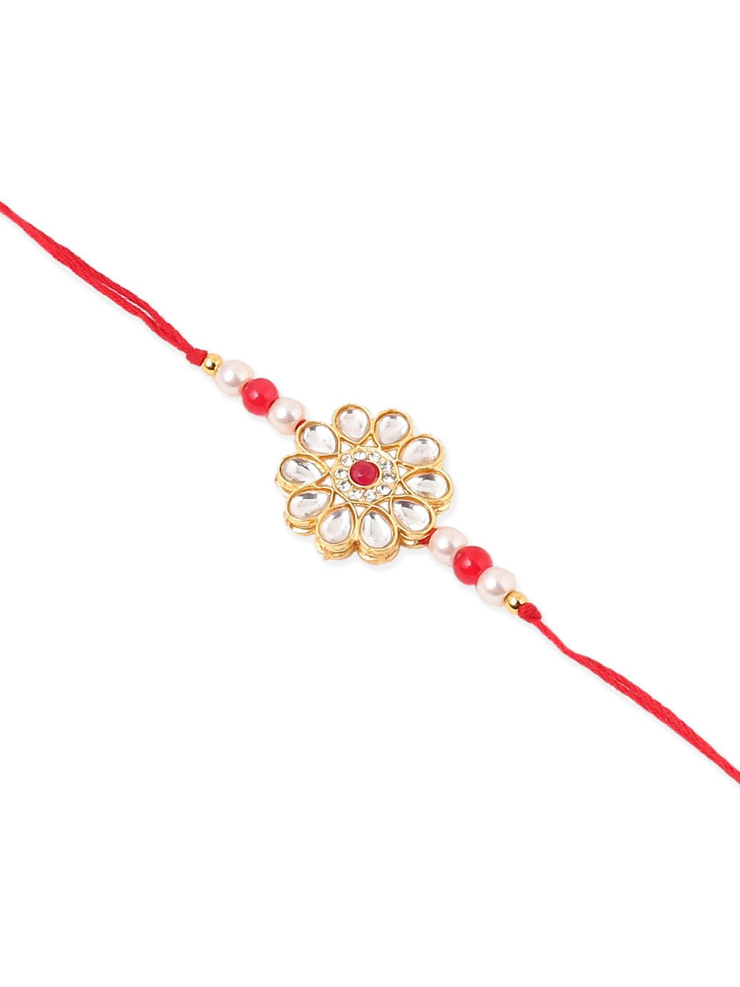 NVR Set of 2 Gold Toned Kundan Studded Bhaiya Bhabhi Rakhi Set with Roli Chawal