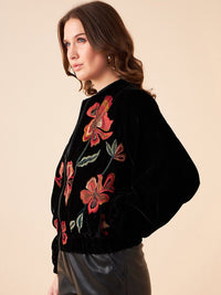 Antheaa Black Floral Collar Collar Collar Velvet Jacket yang disesuaikan
