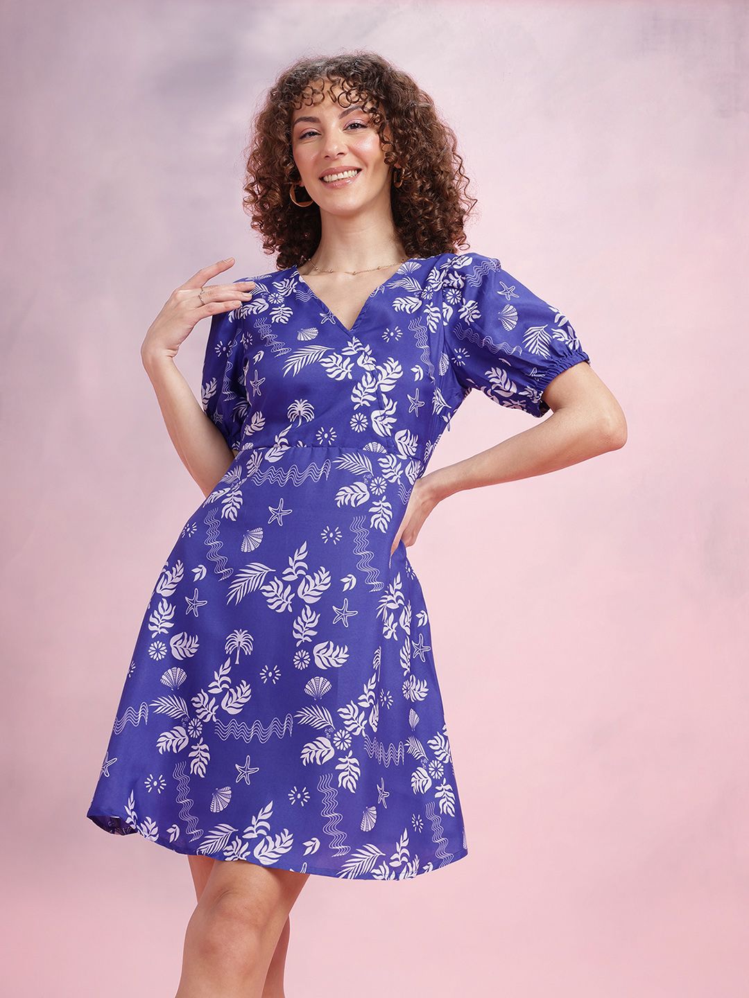 DressBerry Printed Faux Wrap Puff Sleeve A-Line Dress