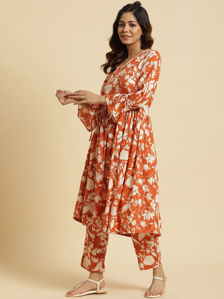 W Floral Printed V-Neck Empire Kurta with Trousers