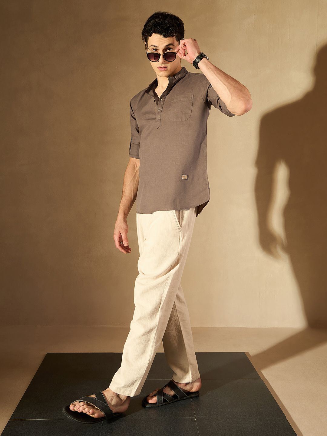 DENNISON Men Brown Solid Straight Pure Cotton Short Kurta