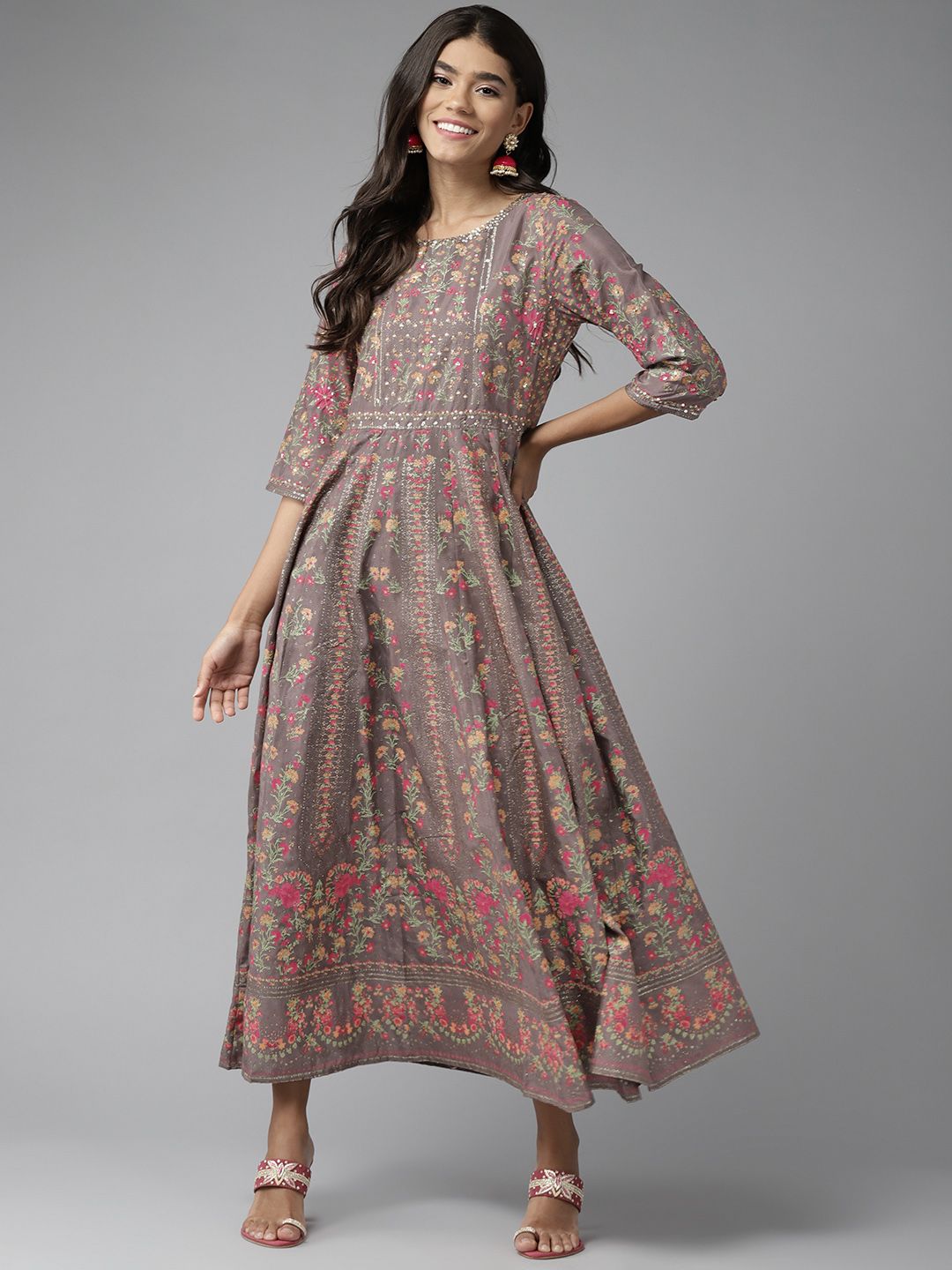 W Women Brown & Pink Ethnic Motifs Printed A-Line Maxi Dress