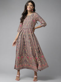 W Women Brown & Pink Ethnic Motifs Printed A-Line Maxi Dress