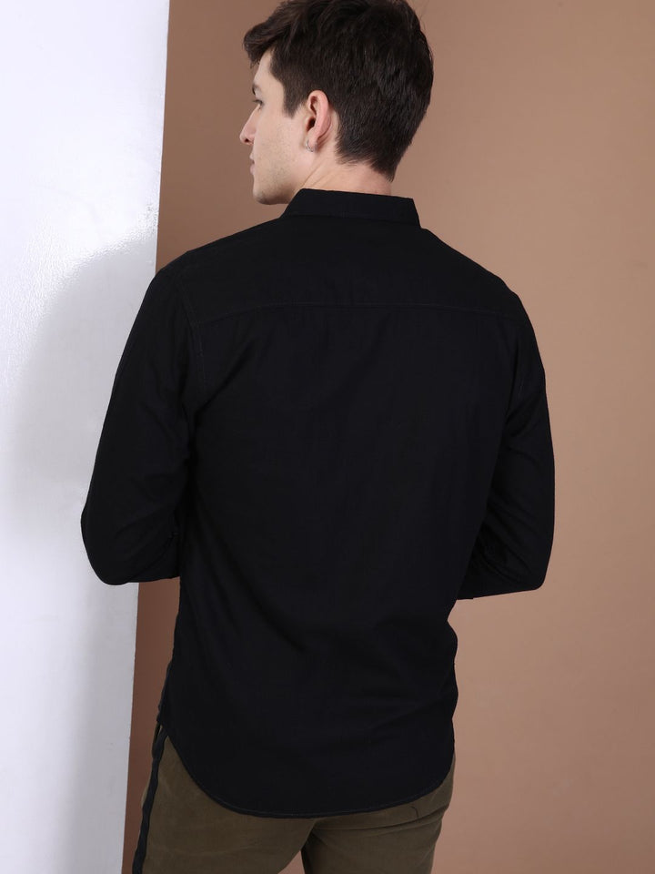 The Indian Garage Co Men Black Slim Fit Solid Pure Cotton Casual Shirt