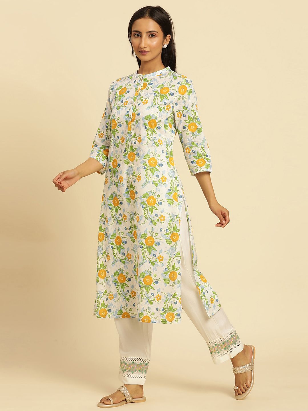 W Floral Printed Mandarin Collar Straight Kurta