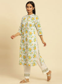 W Floral Printed Mandarin Collar Straight Kurta